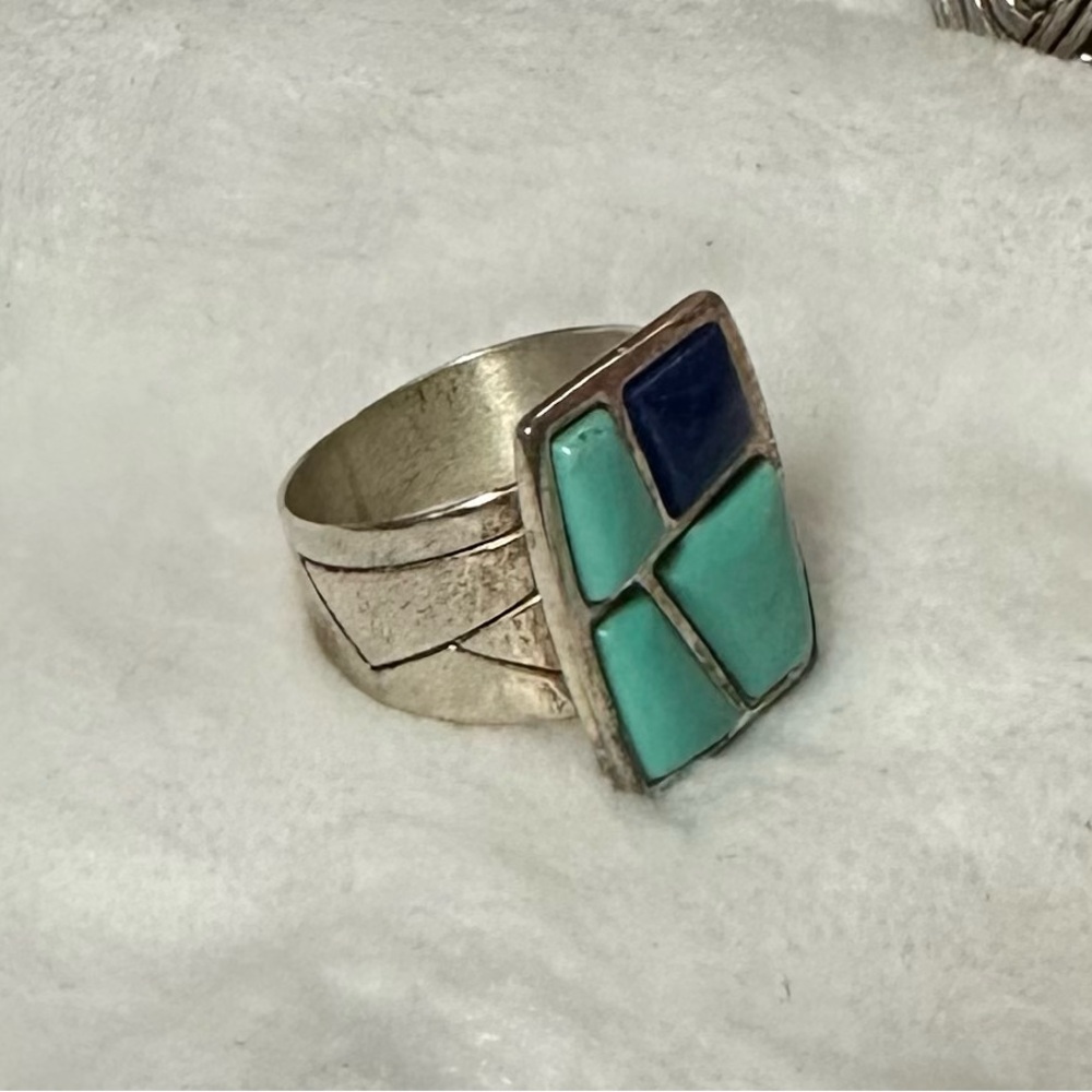 Vintage signed Jay King (DTR) sterling silver ring featuring turquoise and lapis - Picture 2 of 3